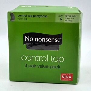 No Nonsense Control Top Pantyhose Size A Off Black Sheer Toe‎ 3 Pair Made In USA